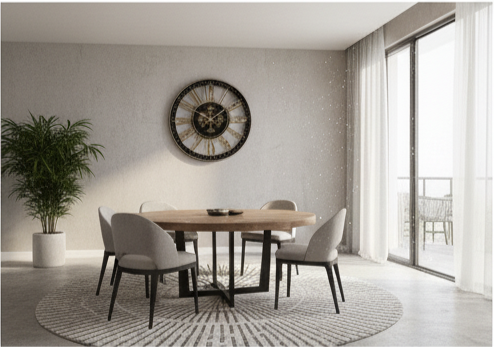 Dining area with a round wooden table and chairs, large clock on the wall, and a plant.