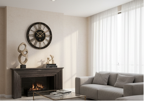 Living room with a fireplace, clock, and sofa