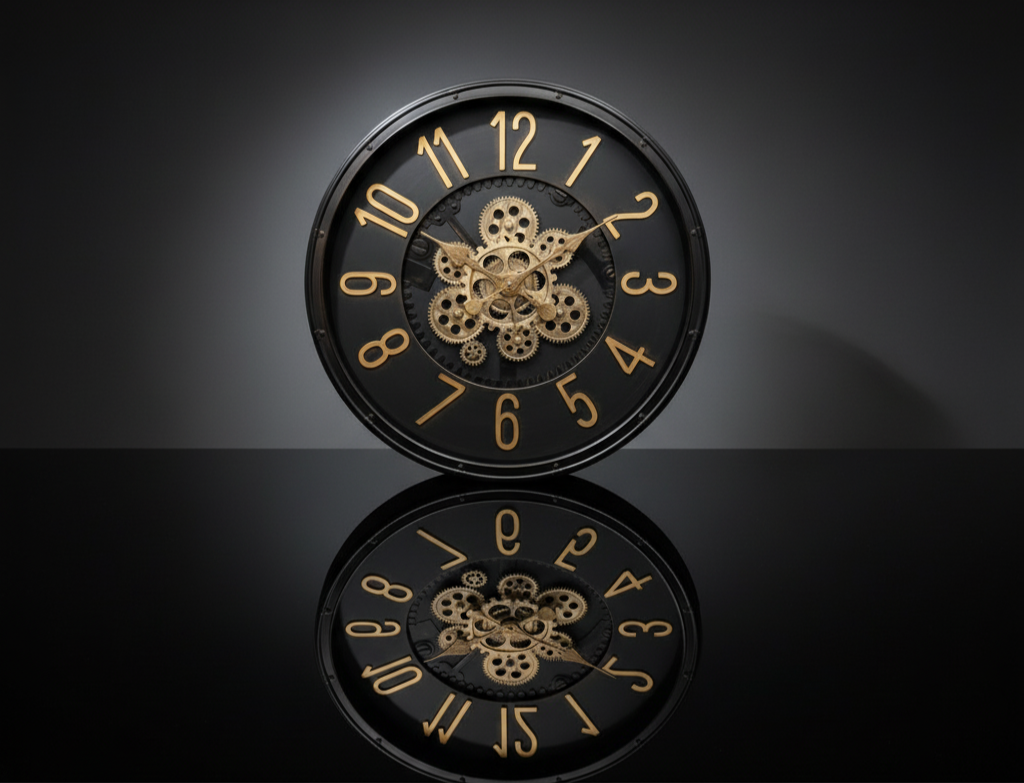 Decorative clock with gold numbers and intricate design on a reflective surface.