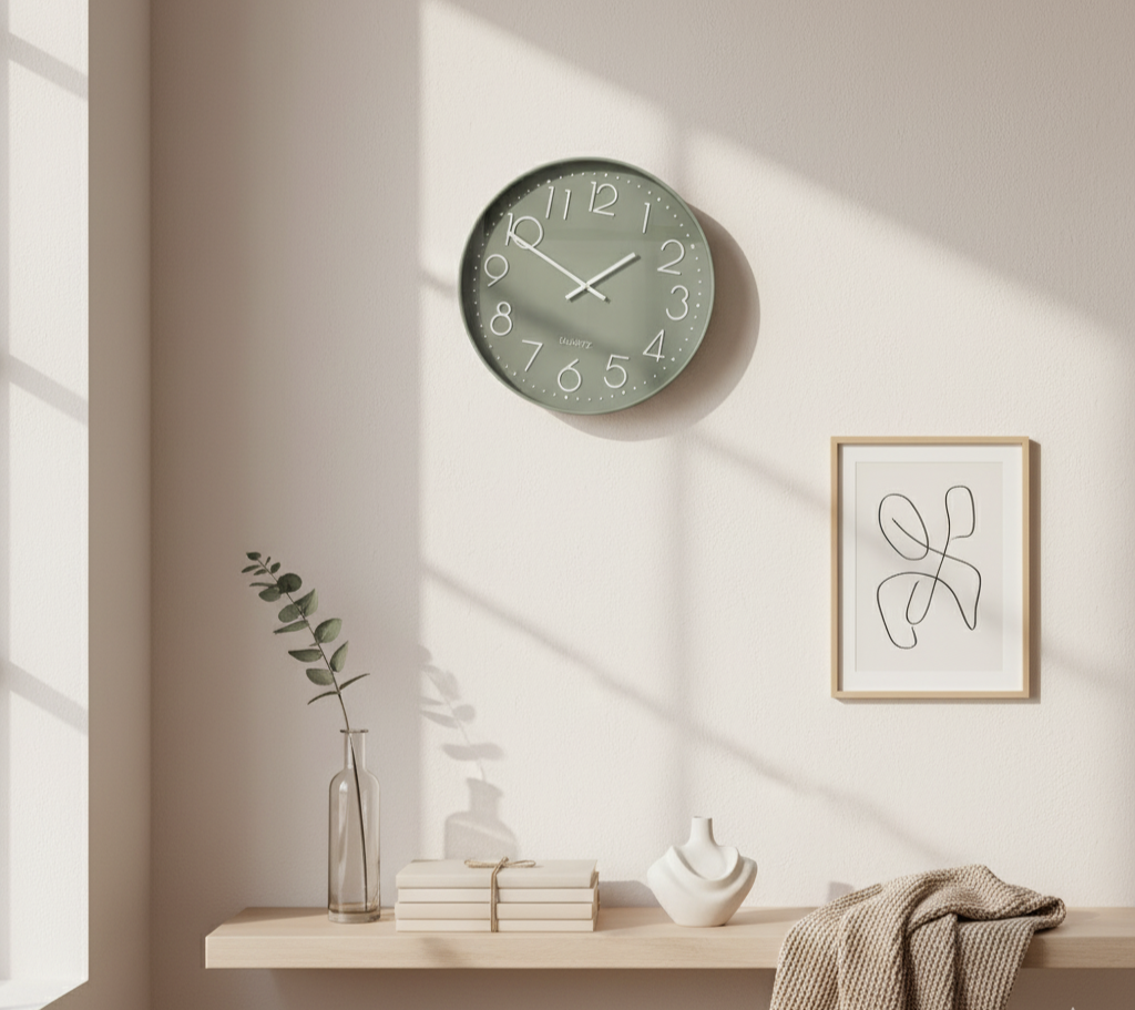 Green wall clock on a beige wall with a shelf below featuring books, a vase, and a towel.