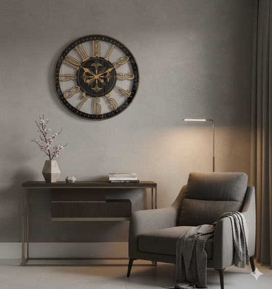 Living room with a large wall clock, armchair, and side table.