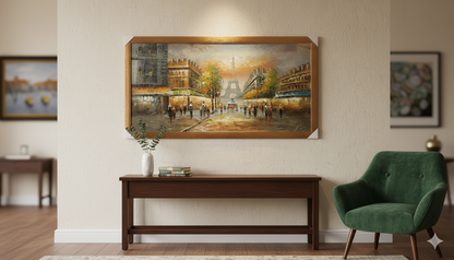 Living room with a large painting on the wall, a green armchair, and a wooden console table.