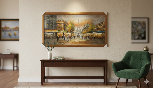 Living room with a large painting on the wall, a green armchair, and a wooden console table.