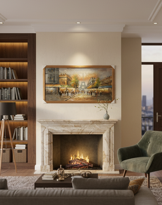 Living room with a fireplace, bookshelf, and painting on the wall.