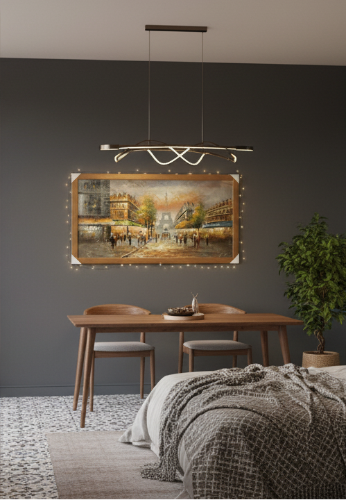 Dining area with a table, chairs, and a painting on a gray wall.