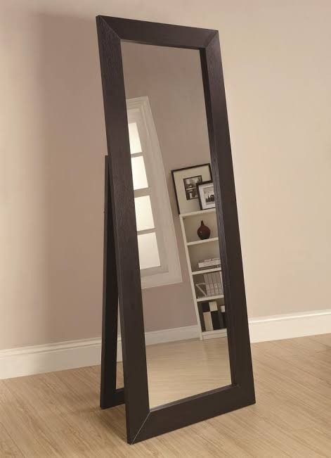 Black floor mirror leaning against a wall in a room with a bookshelf.